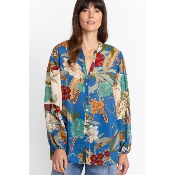 Johnny Was Womens Size 1X Teebee Tori Blue Floral Blouse Tropical‎ Boho Festival - Picture 1 of 6